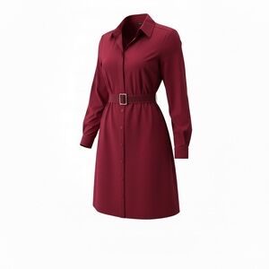 Boss Long-Sleeve Belted Shirt Dress in Bordeaux